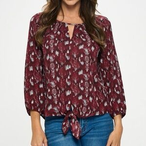 West Kei Snake Print Burgundy Tie Blouse NWOT XS